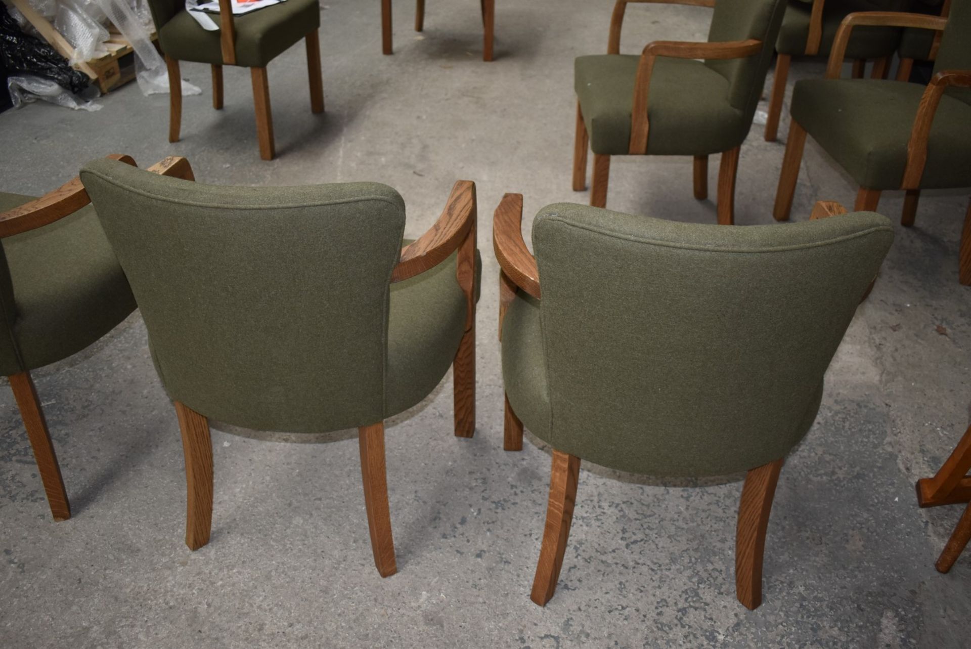 4 x Danish Style Occasional Arm Chairs With Curved Oak Arms and Vintage Green Upholstery - - Image 6 of 14