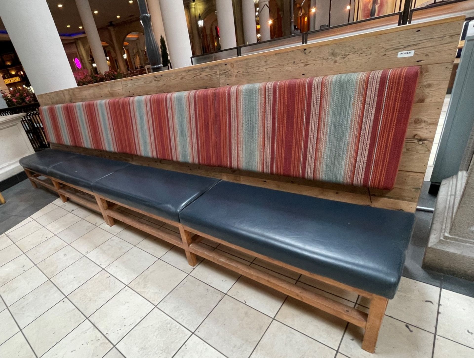 1 x Wooden Seating Bench Featuring Genuine Leather Seat Pads and Striped Fabric Back Rests - Image 7 of 10