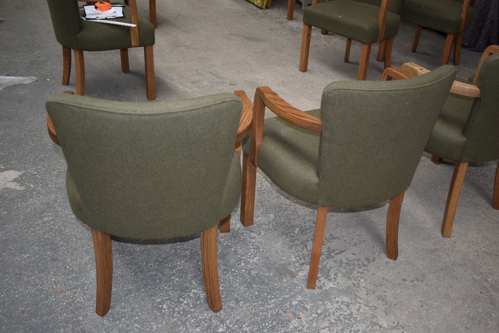 4 x Danish Style Occasional Arm Chairs With Curved Oak Arms and Vintage Green Upholstery - - Image 10 of 14