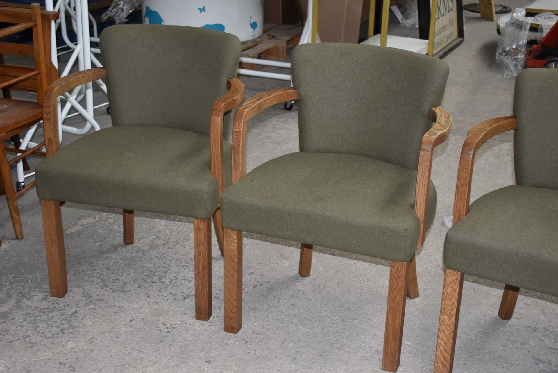 4 x Danish Style Occasional Arm Chairs With Curved Oak Arms and Vintage Green Upholstery - - Image 7 of 14