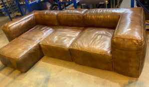 1 x Chaise Longue Modular Corner Sofa Upholstered in Distressed Tan Leather - Large Chunky Design