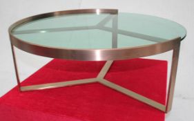 1 x Contemporary 90cm Low Coffee Table With Tinted Glass Top And Round Metal Frame In A Copper