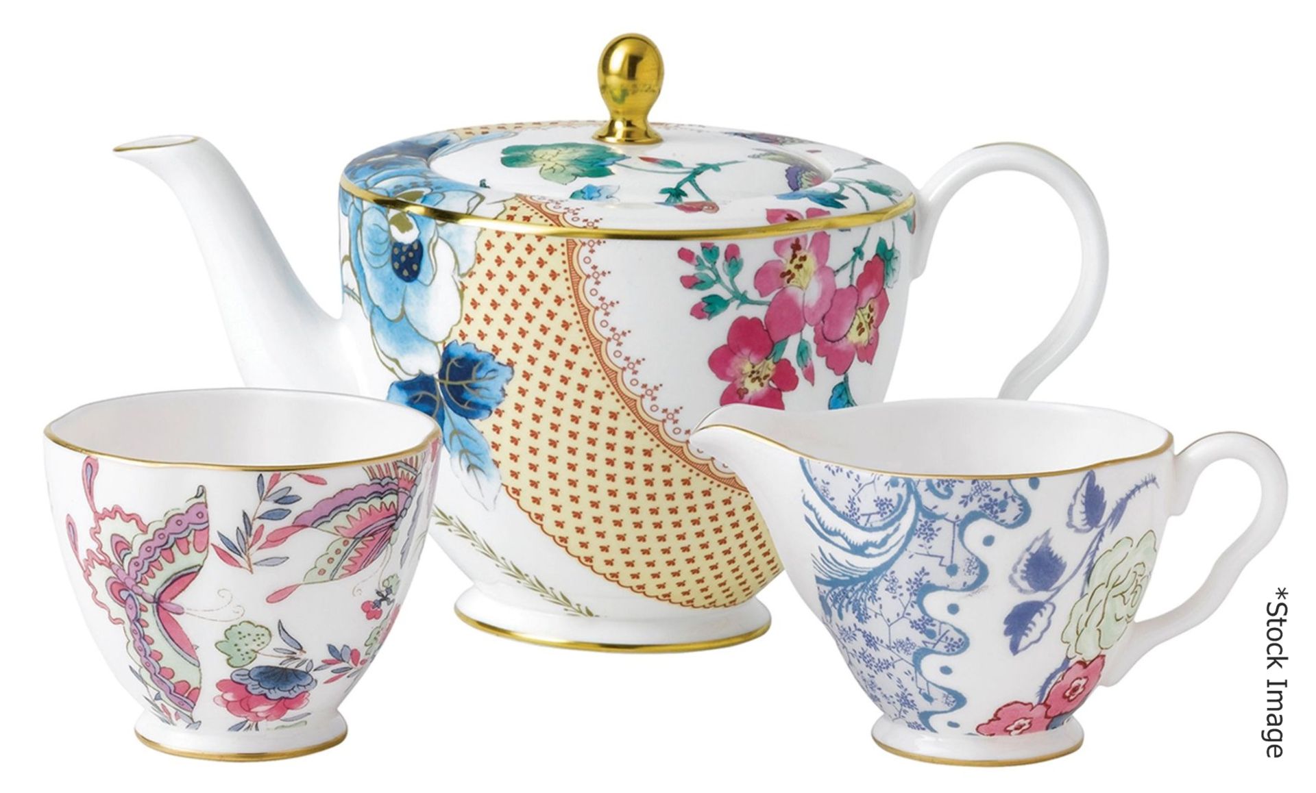 1 x WEDGWOOD 'Butterfly Bloom' Fine Bone China Teapot, Creamer And Sugar Bowl Set - RRP £195.00