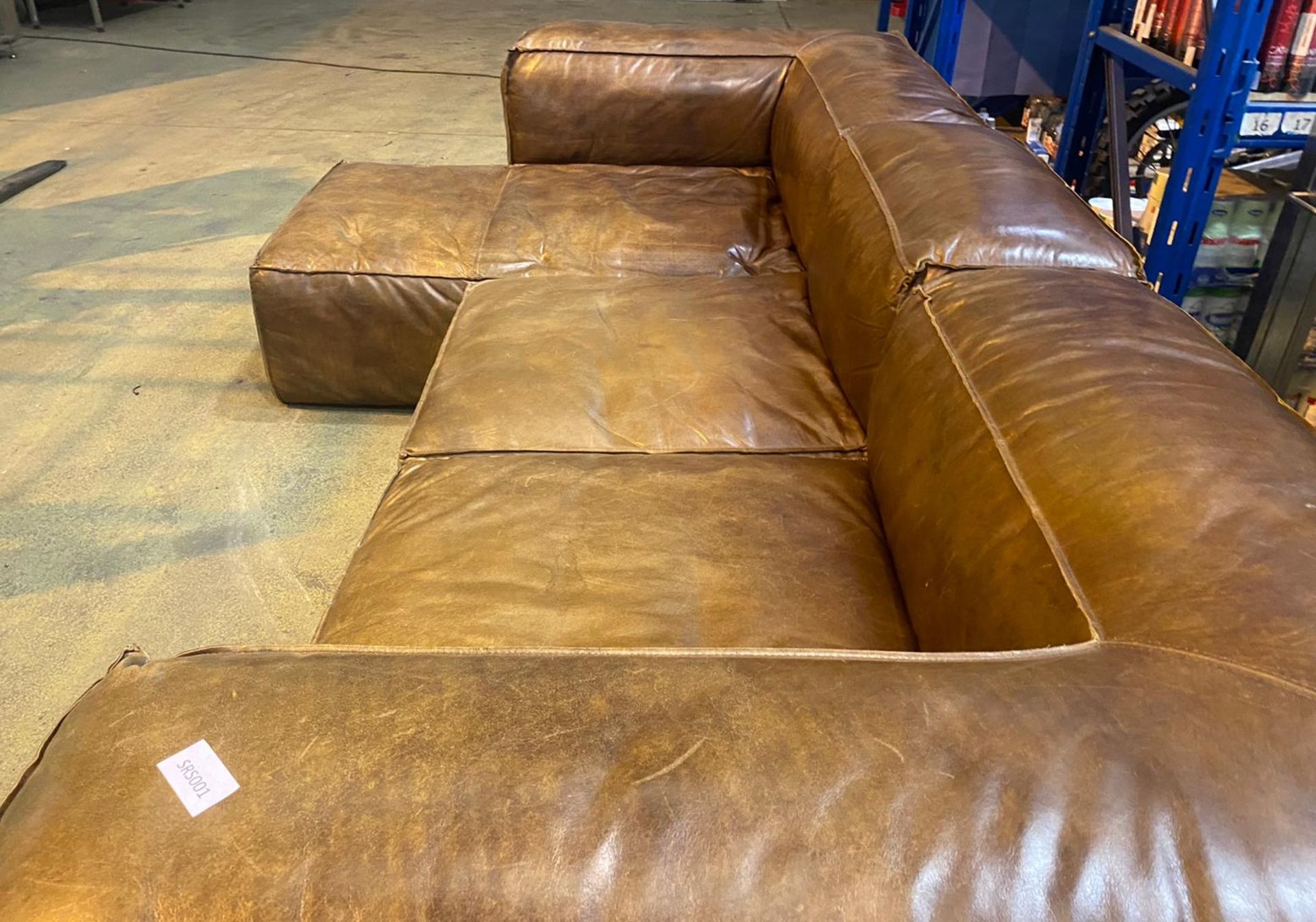 1 x Chaise Longue Modular Corner Sofa Upholstered in Distressed Tan Leather - Large Chunky Design - Image 2 of 3