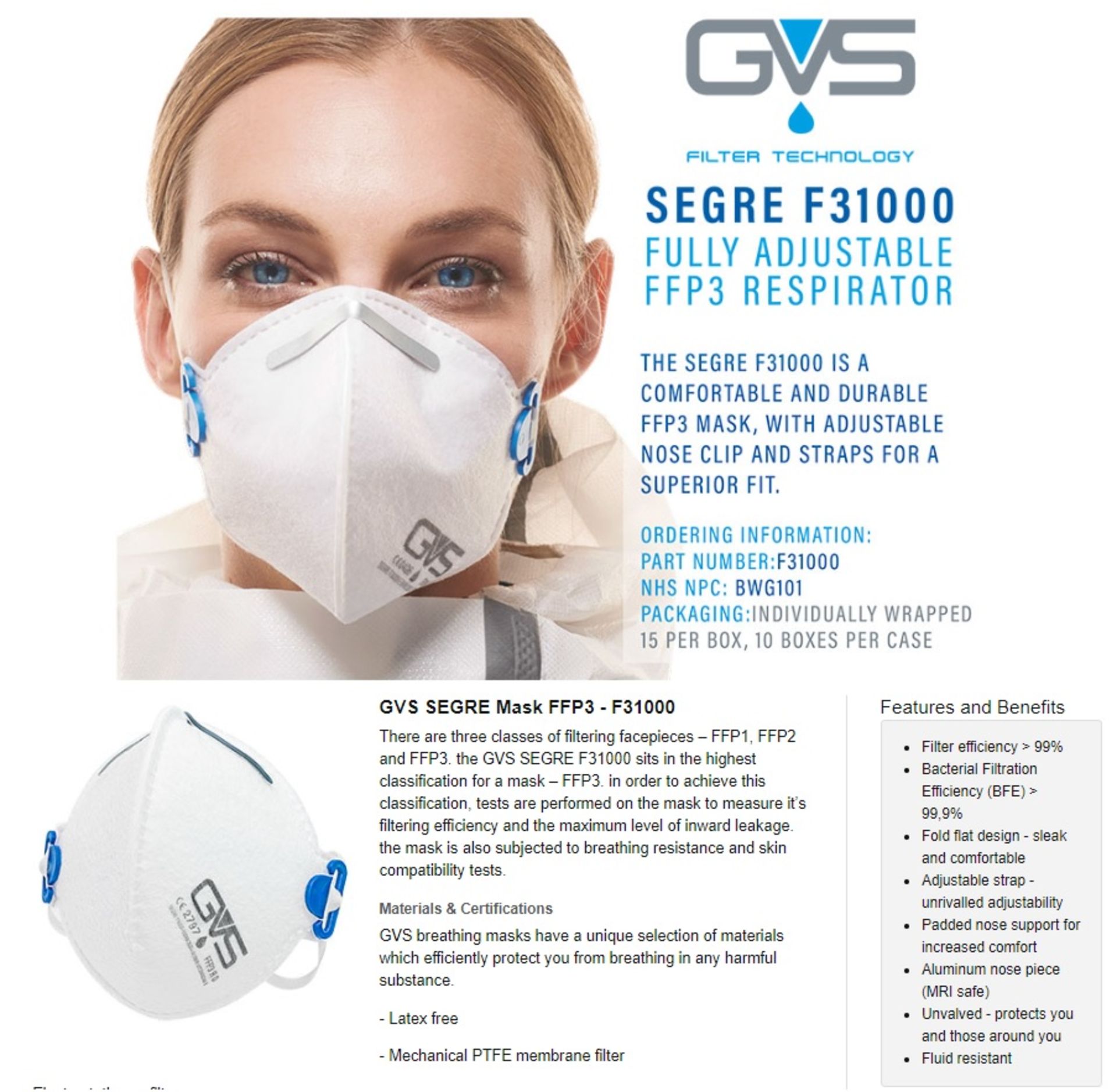 1,200 x GVS Resparitory Face Masks - FFP3 Folded and Adjustable Masks Individually Wrapped - Image 2 of 9