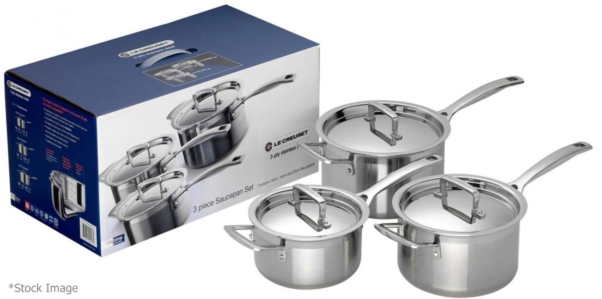 Set Of 3 x LE CREUSET 3Ply Stainless Steel Saucepans - Original Price £360.00 - Unused Boxed Stock -