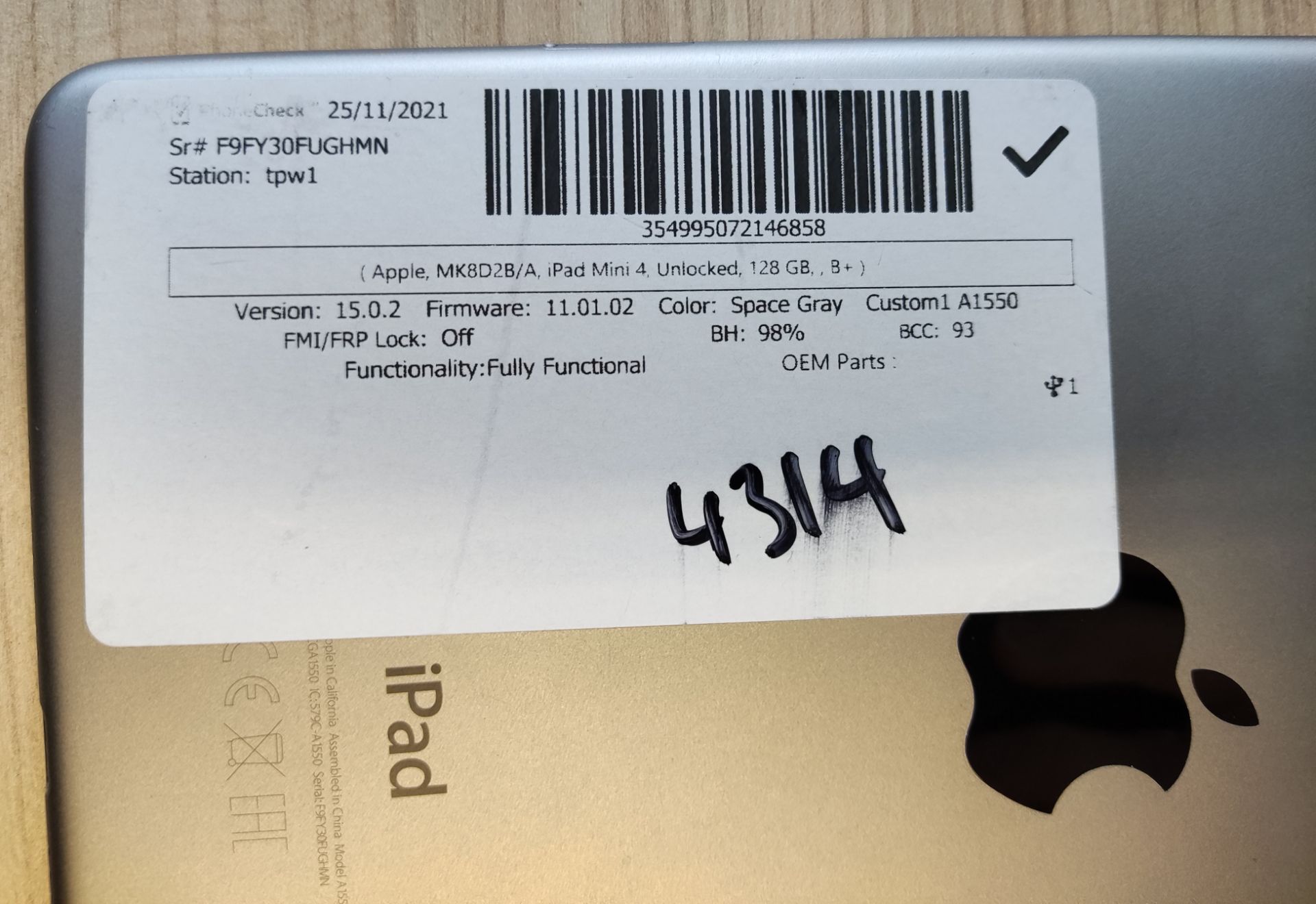 1 x Refurbished iPad Mini 4 Cellular And Wi-Fi 128GB - Ref: 4314 - CL719 - Location: Altrincham WA14 - Image 3 of 3