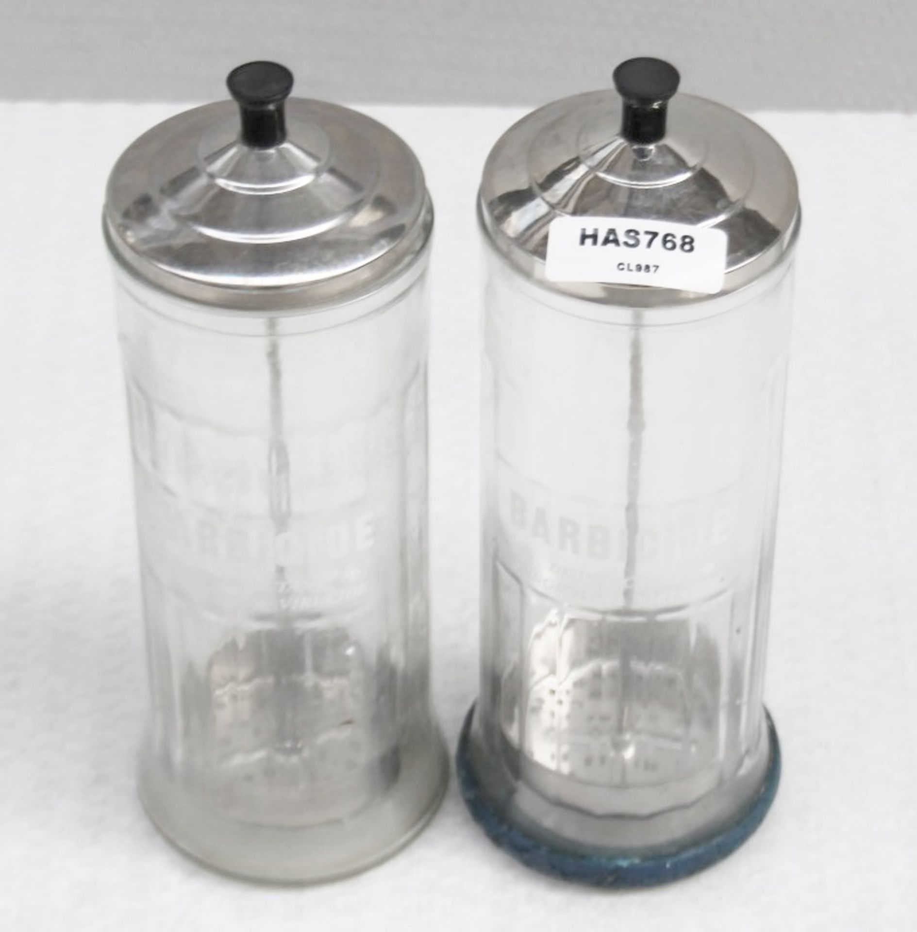 2 x Barbicide Jars - Dimensions: H28 x Ø10cm - Recently Removed From A Boutique Hair Salon - Ref: