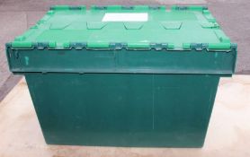 100 x Robust Green Plastic Secure Storage Boxes with Attached Hinged Lids And Deep Storage -