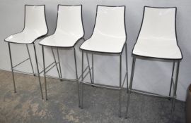 4 x Modern Bar Stools With White ABS Plastic Seats, Geometric Backs and Chrome Bases With Footrests