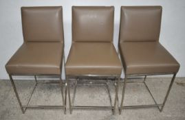 3 x Contemporary Bar Stools With Brown Faux Leather Seats and Chrome Bases With Foot Rests