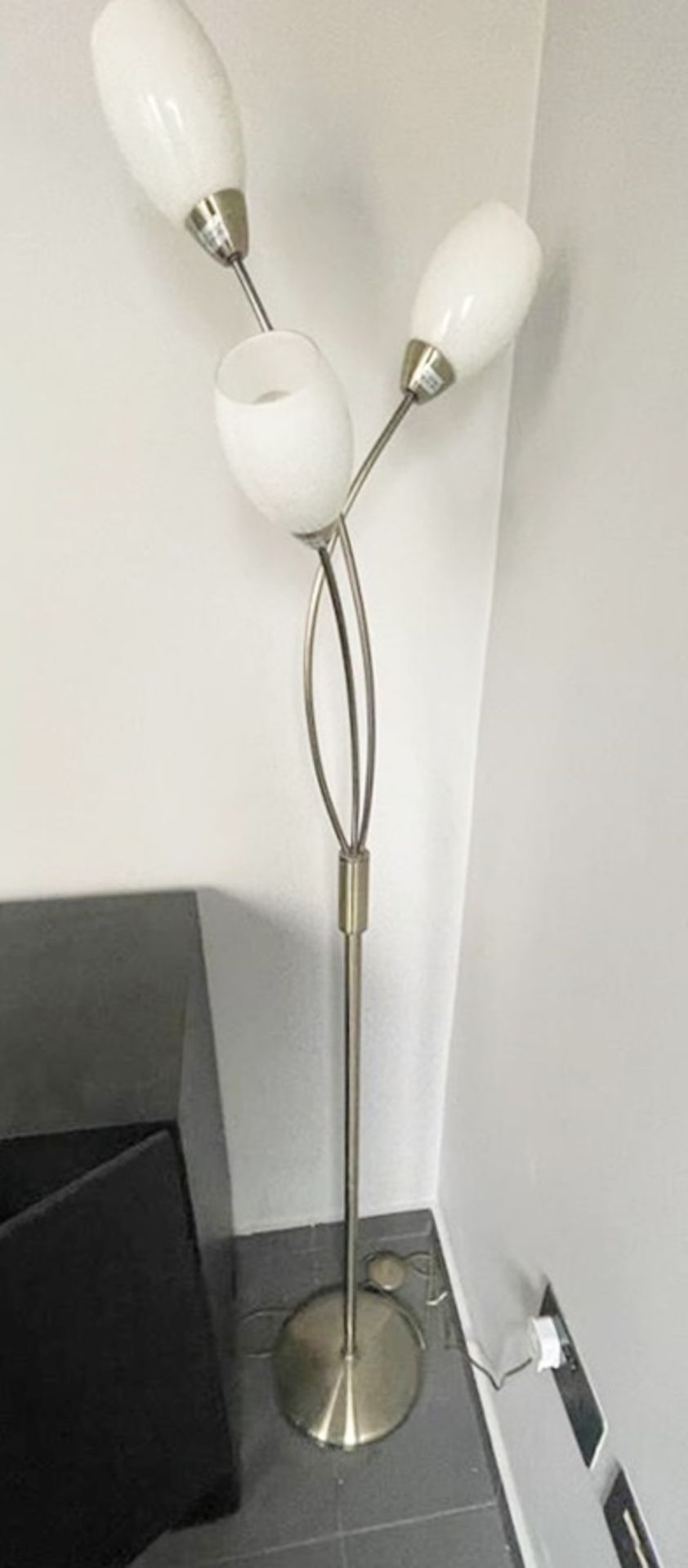 1 x Brushed Chrome Floor Lamp With Three Lights and White Glass Shades - Dimensions: H154 cms - Image 2 of 3