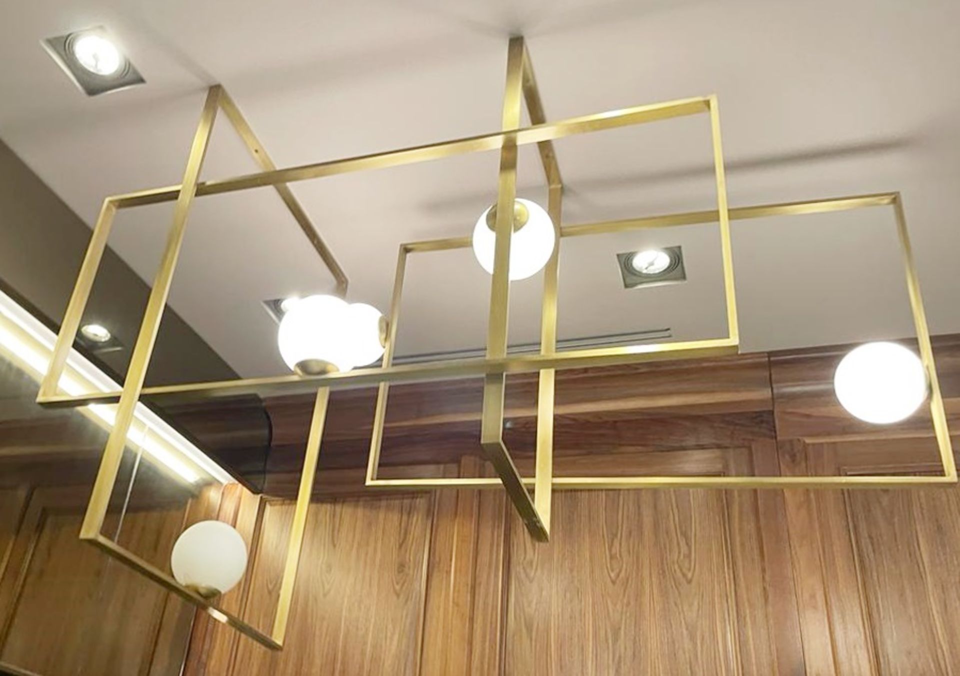 1 x Abstract Suspension Chandelier With Geometric Interlocking Panels and Blown Opal Glass Shades - Image 6 of 6