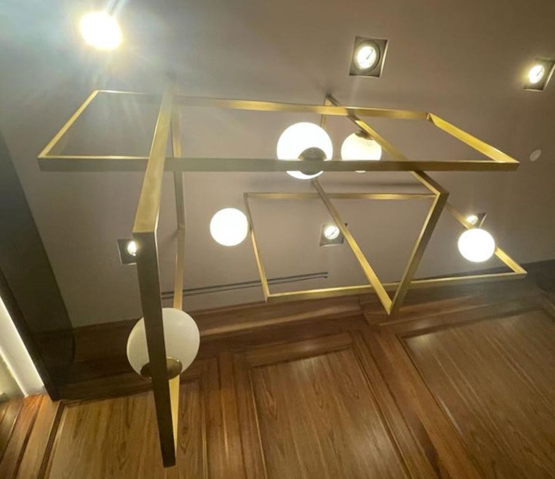 1 x Abstract Suspension Chandelier With Geometric Interlocking Panels and Blown Opal Glass Shades - Image 3 of 6