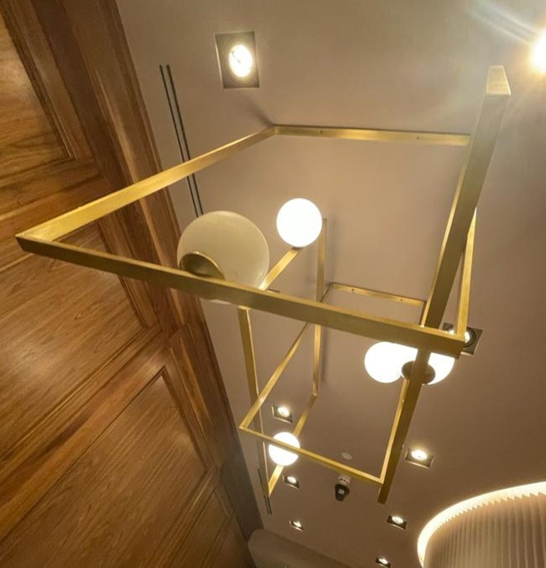 1 x Abstract Suspension Chandelier With Geometric Interlocking Panels and Blown Opal Glass Shades - Image 2 of 6