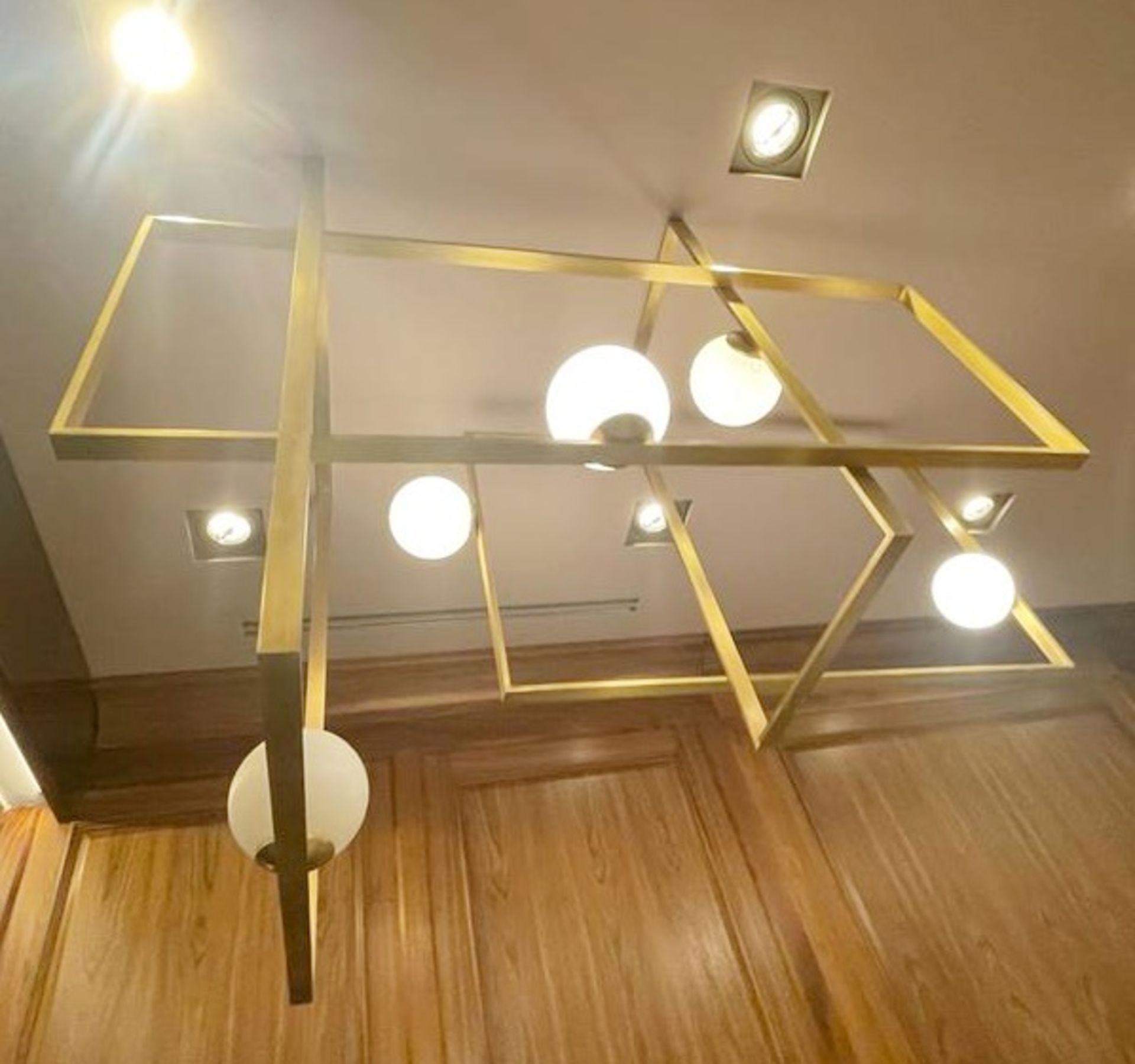 1 x Abstract Suspension Chandelier With Geometric Interlocking Panels and Blown Opal Glass Shades - Image 4 of 6