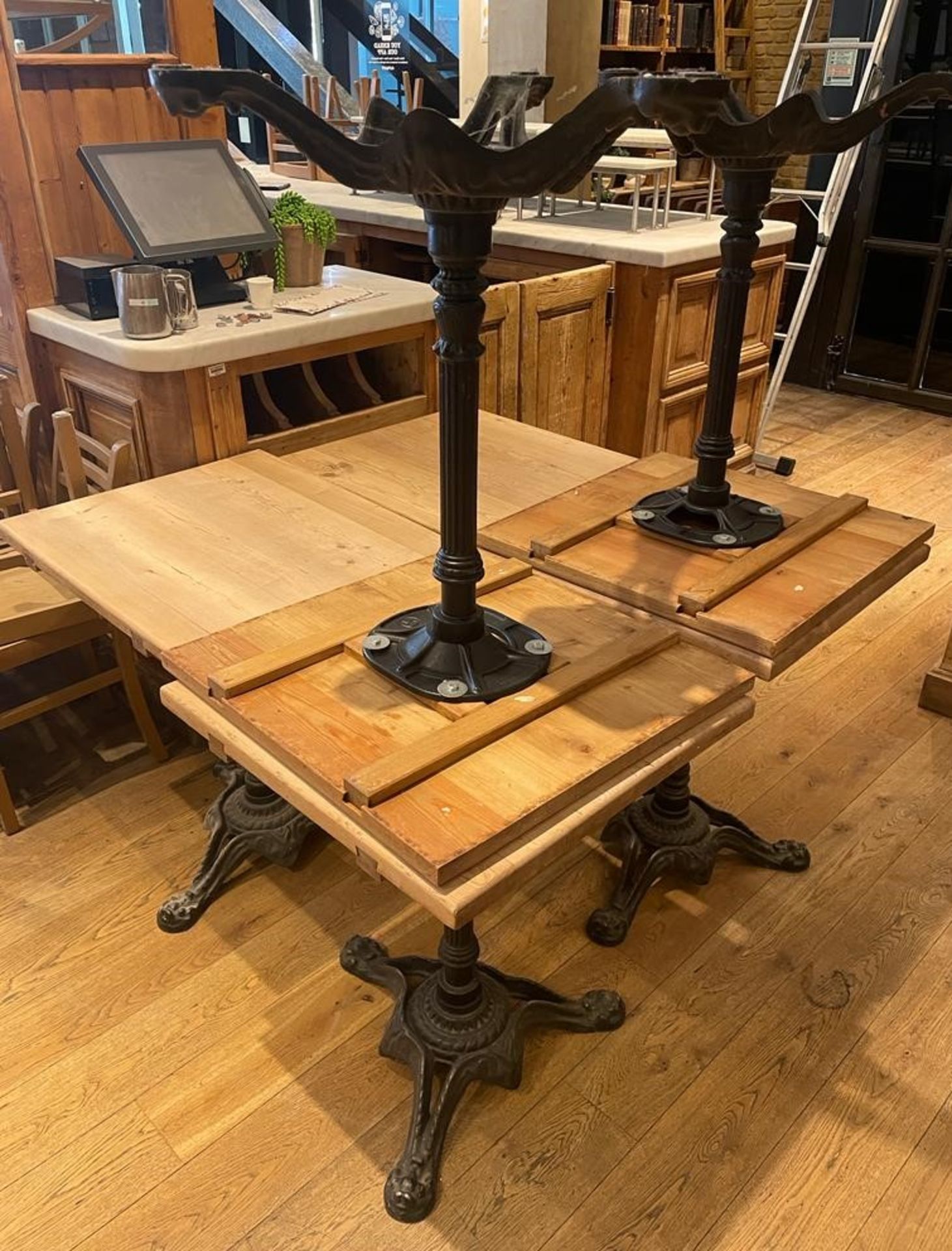 4 x Restaurant Dining Tables With Cast Iron Ornate Bases and Rotating Solid Wood Tops - Image 3 of 16