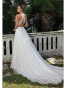 1 x Justin Alexander Chiffon V-neck, A-Line Beaded Bridal Gown Wedding Dress - Size 12 - RRP £1,495