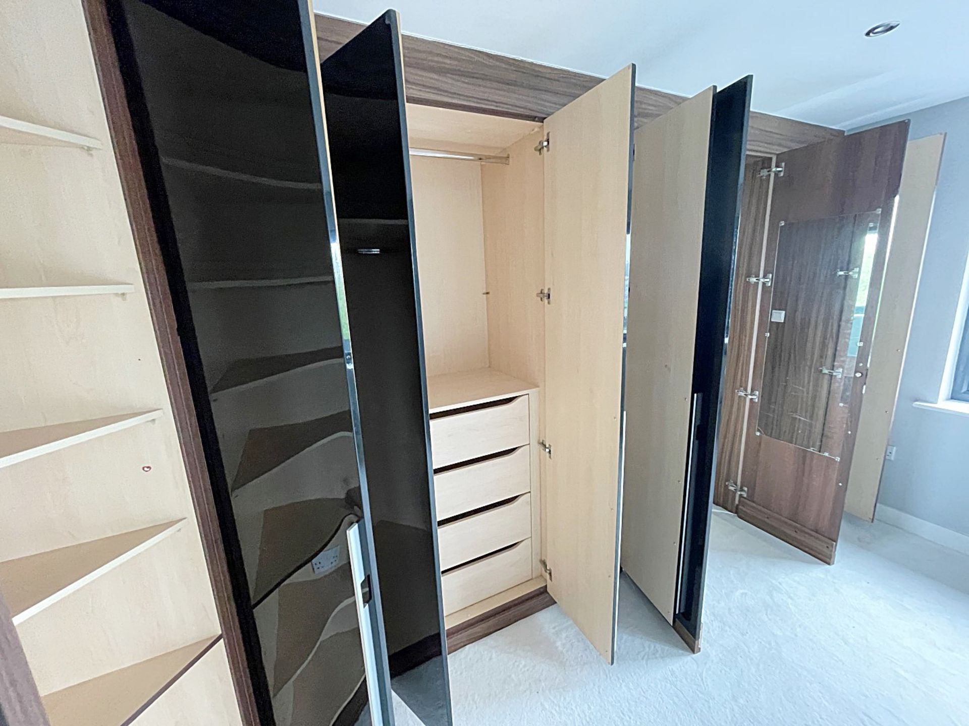 Bank Of Premium Bespoke Fitted Wardrobes With Black Glass Door Frontage - Approx. 4-Metres In Length - Image 9 of 18