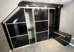 1 x Bespoke Bank Of Fitted Wardrobe Wall Storage With Black Glass Door Fronts - Ref: REAR-BD/