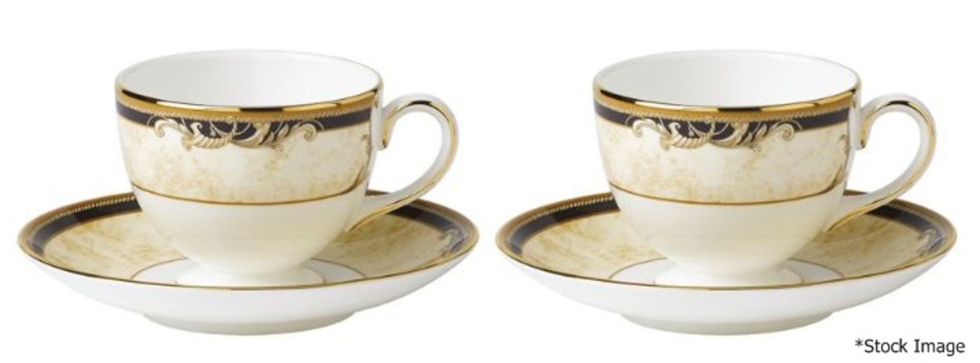 1 x Set of 2 WEDGWOOD 'Cornucopia' Fine Bone China Teacups and Saucers, With 22-Karat Gold Plating