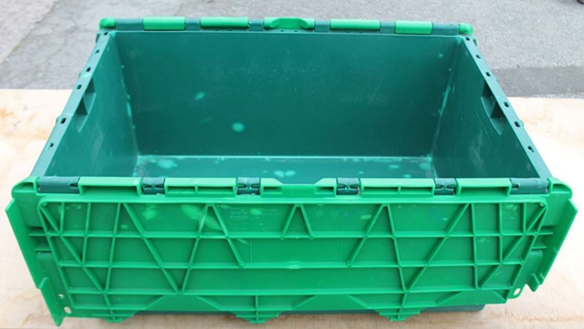 20 x Robust Low Profile Green Plastic Secure Storage Boxes With Attached Hinged Lids - Dimensions: - Image 2 of 7