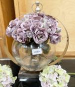 1 x Glass Fish Bowl Vase On Silver Stand With Hook Surround and Artificial Flowers