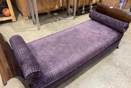 1 x Chaise Longue Featuring Ebony Wood Finish, Scroll Ends and Purple Fabric Cushions