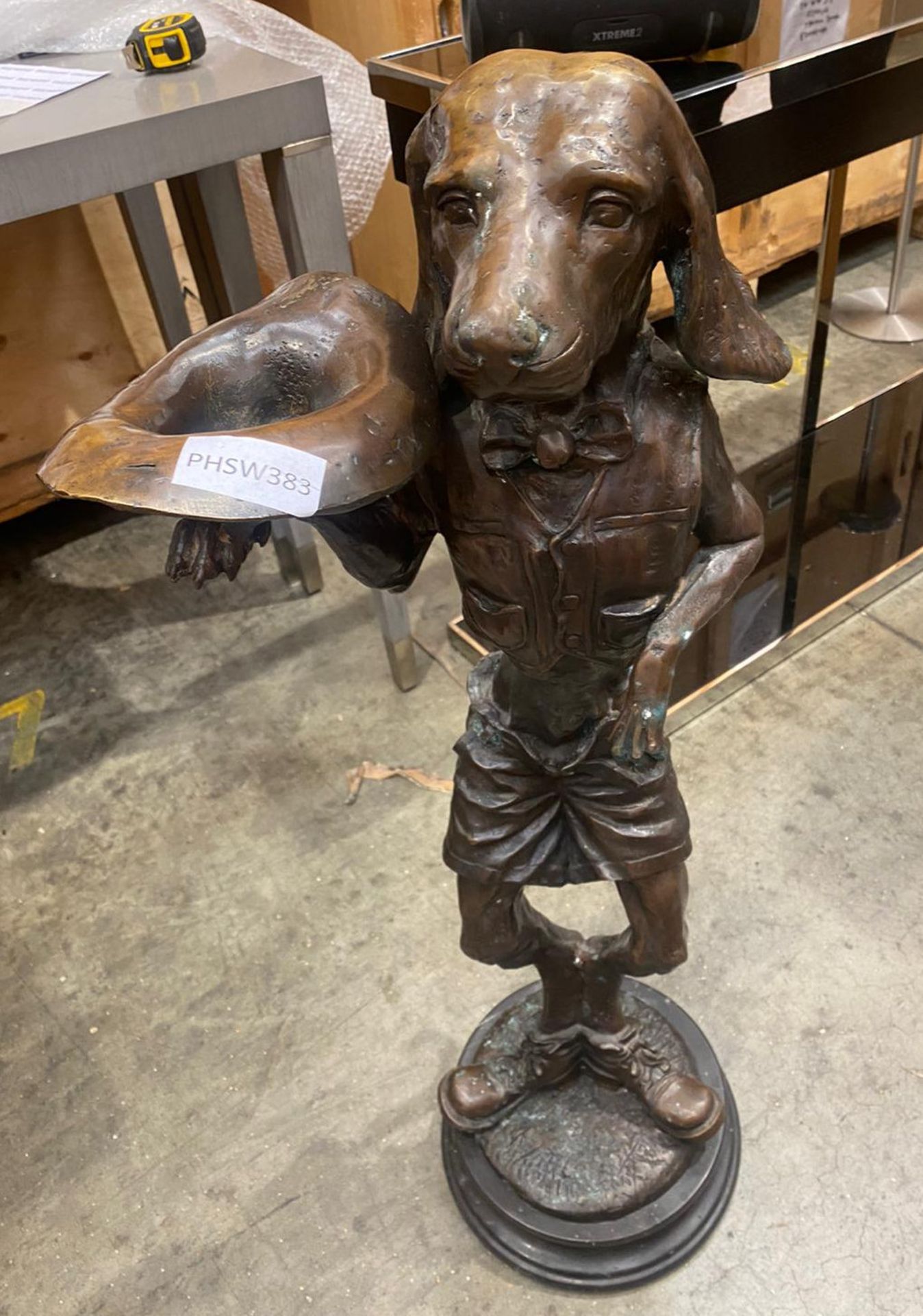 1 x Bronze Dog Sculpture - Standing Clothed Dog Holding Hat - Size: 1150mm Tall - Image 2 of 4