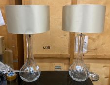 2 x Handblown Clear Glass Table Lamps With Silver Shades