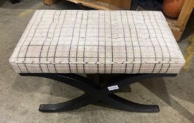 1 x Footstool With a Dark Stained Crossed Leg Design and a Check Fabric Upholstered Cushion -