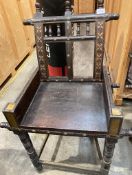 1 x Antique Oak High Back Chair With Decorative Gold Detail