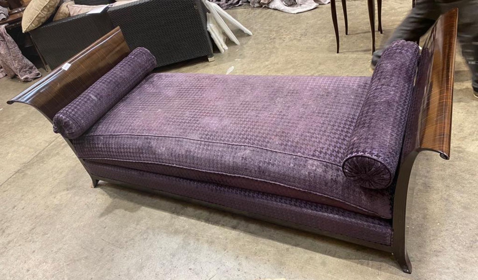 1 x Chaise Longue Featuring Ebony Wood Finish, Scroll Ends and Purple Fabric Cushions - Image 3 of 4