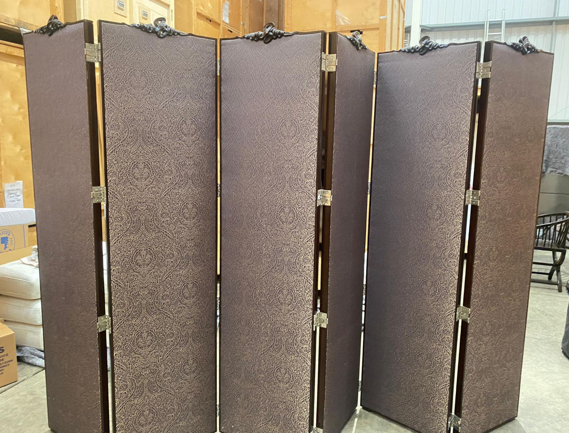 1 x Dressing Screen Featuring Six Fabric Panels With Dark Wood Surrounds and Carved Tops