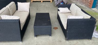 2 x Dark Rattan Outdoor Sofas With Cushions and Coffee Table - CL731 - NO VAT ON THE HAMMER - Ref: