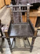 1 x Antique Oak High Back Chair With Decorative Gold Detail