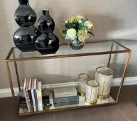 1 x Luxury Glass Console Table With A Mirrored Undershelf And Metal Frame With A Copper Finish -