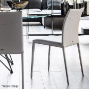 Pair Of CATELLAN 'Norma' Designer Italian Leather Barstools With Curved Backs In A Pale Taupe -