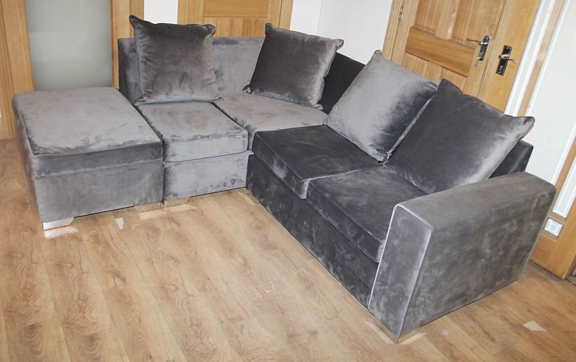 1 x Velvet Upholstered 2-Metre Corner Sofa In A Shimmering Grey Tone - Ex-Showroom Example - Ref: