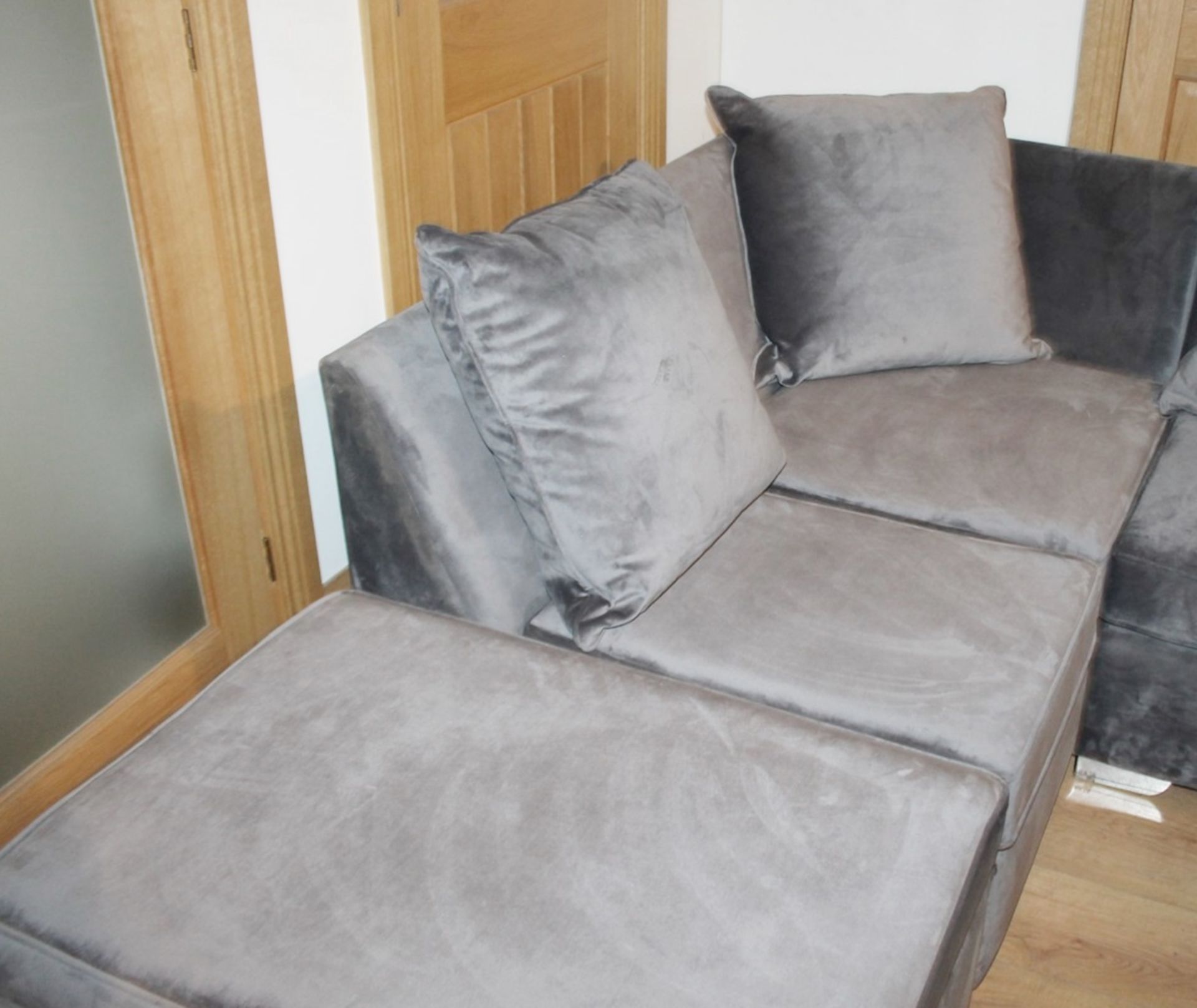 1 x Velvet Upholstered 2-Metre Corner Sofa In A Shimmering Grey Tone - Ex-Showroom Example - Ref: - Image 6 of 11