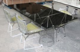 1 x Stylish 2-Metre Black Glass Dining Table Top With 2 Warren Planter-Inspired Bases + 4 Chairs