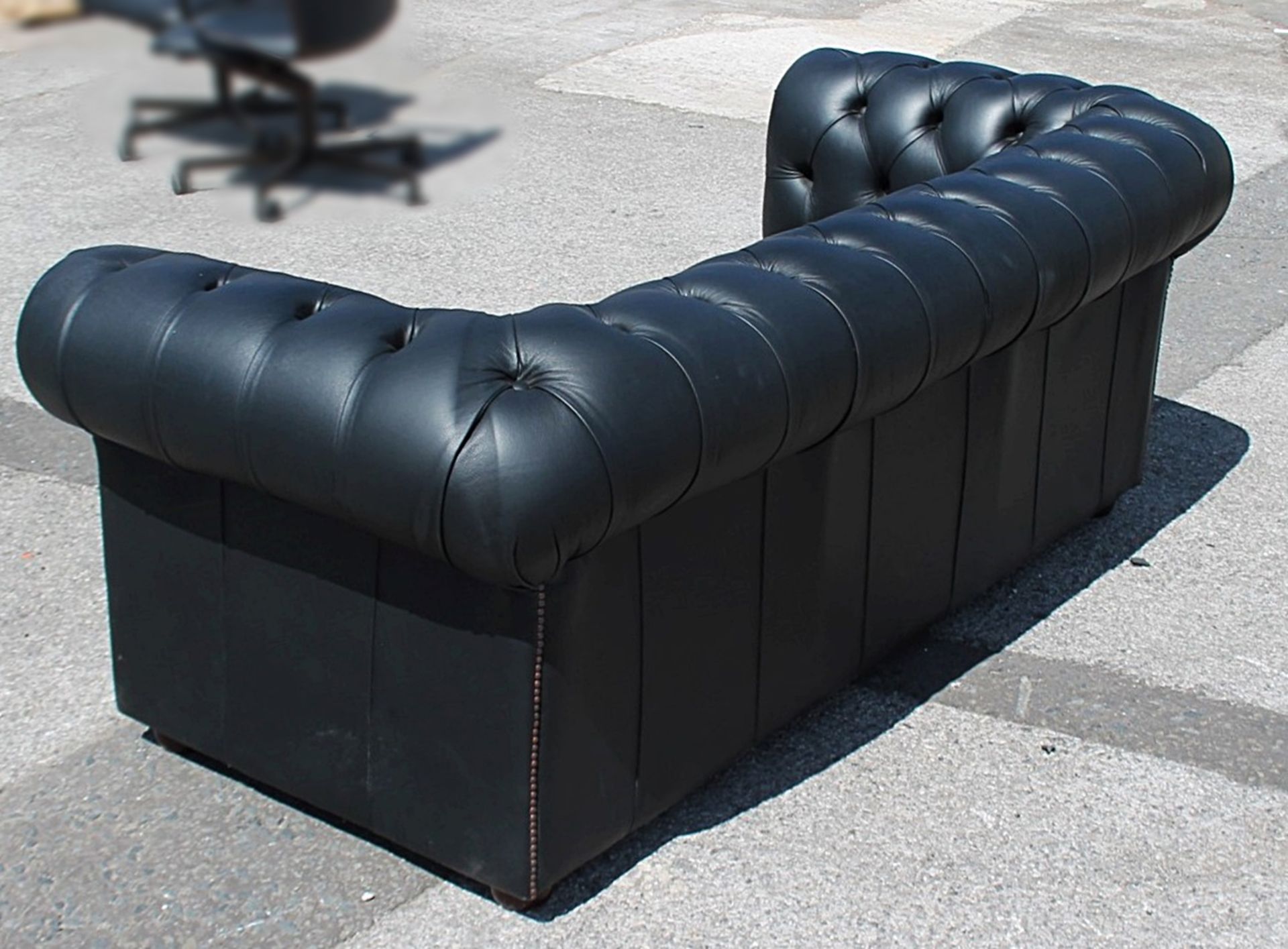 1 x Chesterfield-style 2-Metre Button-Back Sofa Upholstered In A Black Faux Leather - Image 3 of 6