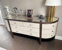 1 x Luxurious Curved Art Deco-Inspired Leather Upholstered Buffet Sideboard With Mirrored Inlay