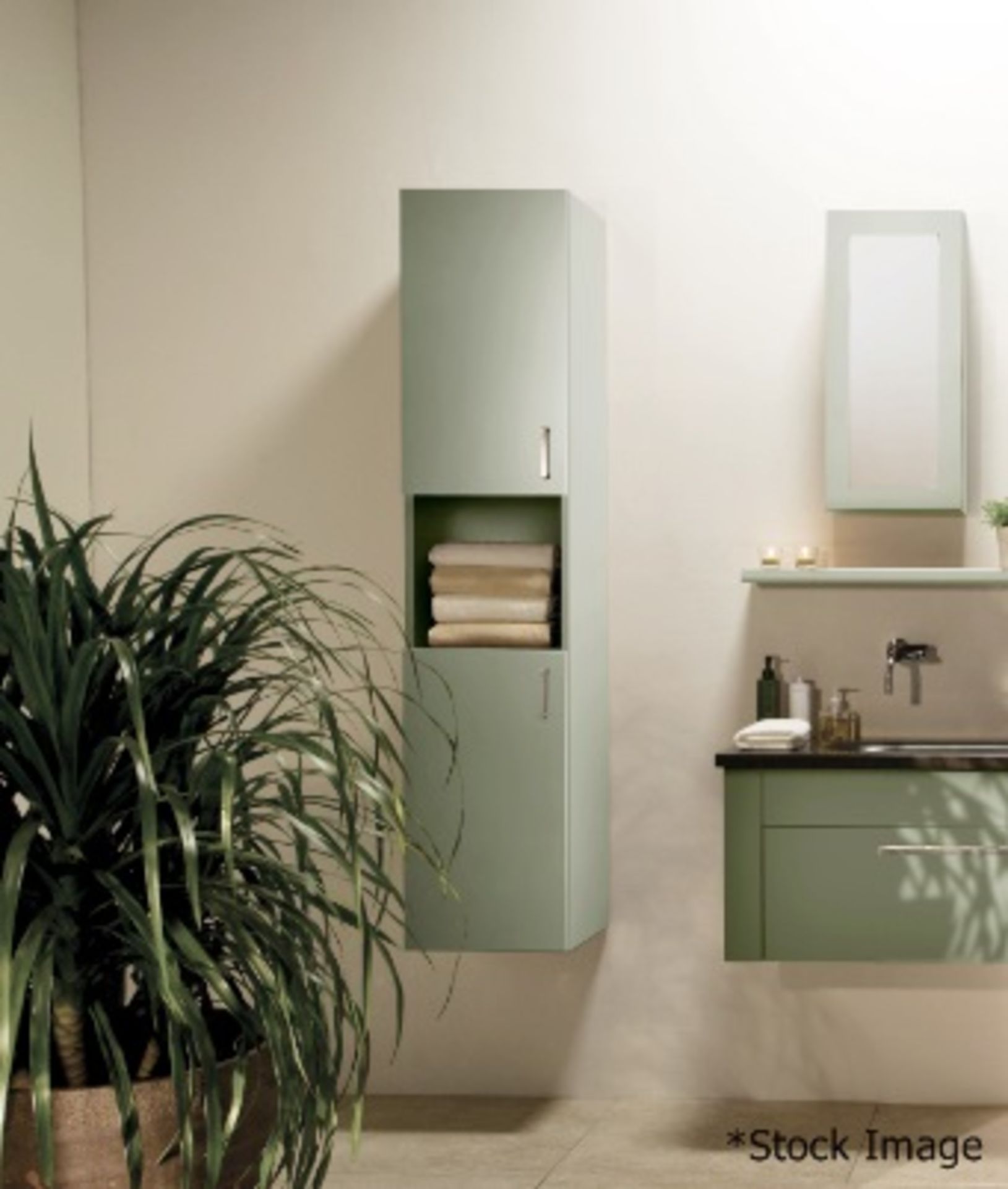 1 x STONEARTH 'VENICE' Sleek Solid Wood Wall Hung 2-Door Bathroom Storage Cabinet In A Pale Green