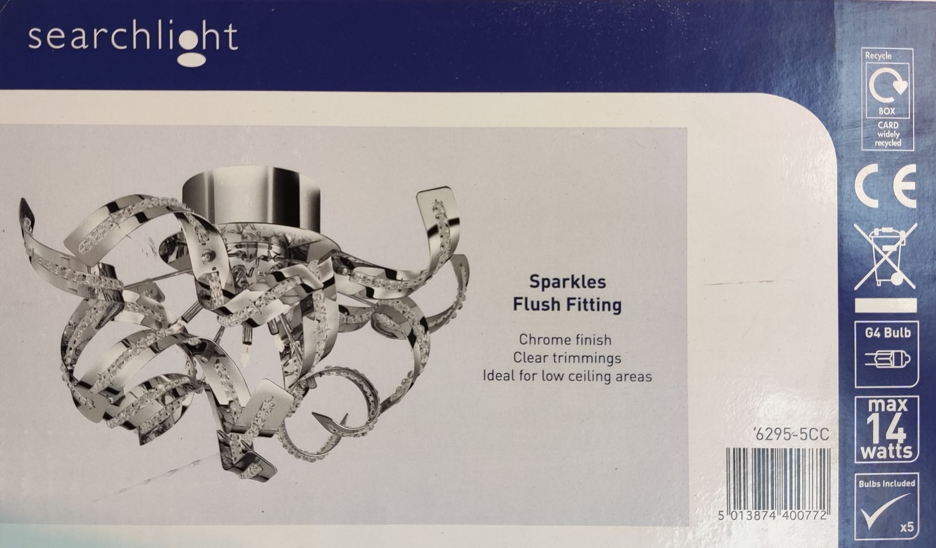 1 x Searchlight Sparkles Flush Fitting - Chrome Finish, Clear Trimmings - New Boxed Stock - CL323 - - Image 2 of 2