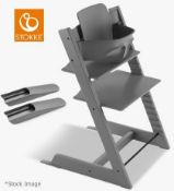 1 x STOKKE 'Tripp Trapp' Wooden High Chair In Storm Grey + Baby Set Add-on - Original Price £251.00