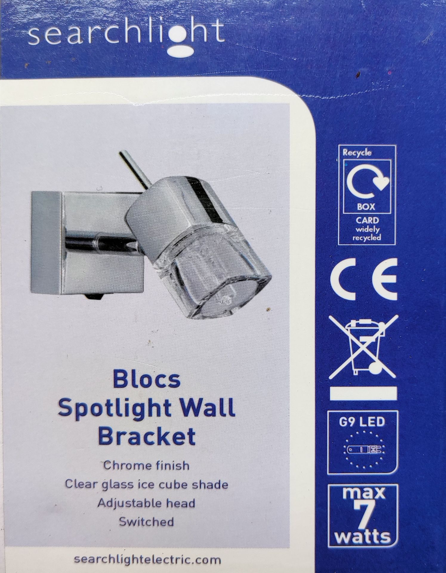 2 x Searchlight Blocs Spotlight Wall Bracket - Chrome Finish, Clear Glass Ice Cube Shade - New Boxed