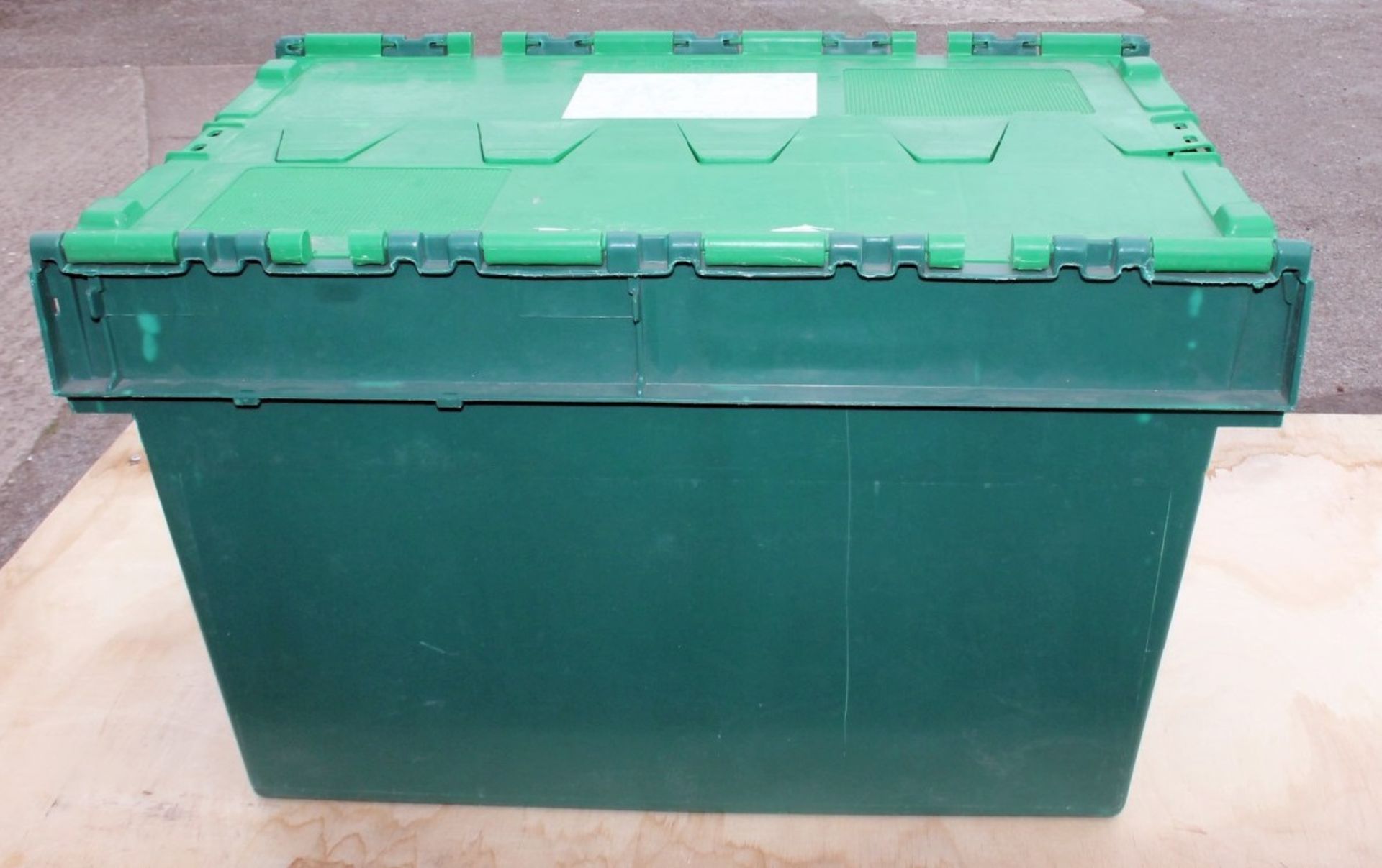 20 x Robust Green Plastic Secure Storage Tote Boxes with Attached Hinged Lids And Deep Storage -