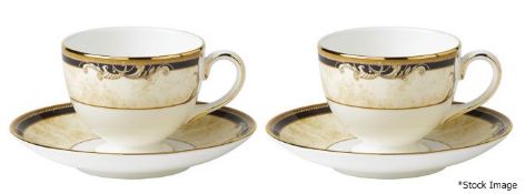 1 x Set of 2 WEDGWOOD 'Cornucopia' Fine Bone China Teacups and Saucers, With 22-Karat Gold Plating