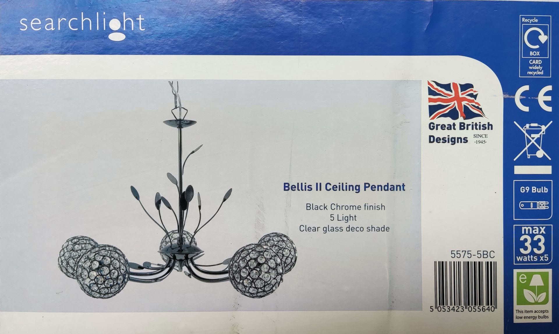 1 x Searchlight Bellis II Ceiling Pendant - Black Chrome Finish, 5 Light - New Boxed Stock - CL323